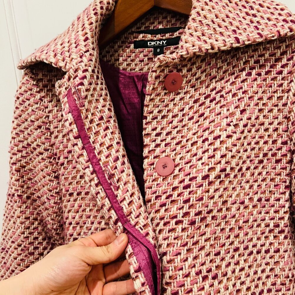 DKNY Ladies Women's Vintage Pink Tweed Over Coat Size 8 Medium Jacket - Picture 5 of 16